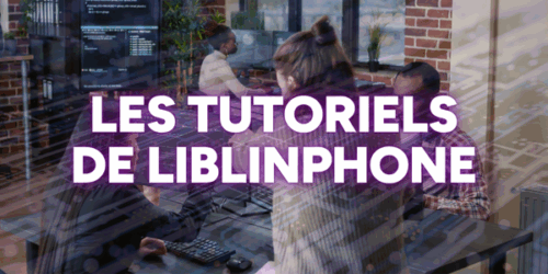 En arrière-plan, des équipes travaillent sur leurs ordinateurs dans un open space. Au premier plan, la phrase "Les tutoriels de Liblinphone" est écrite.